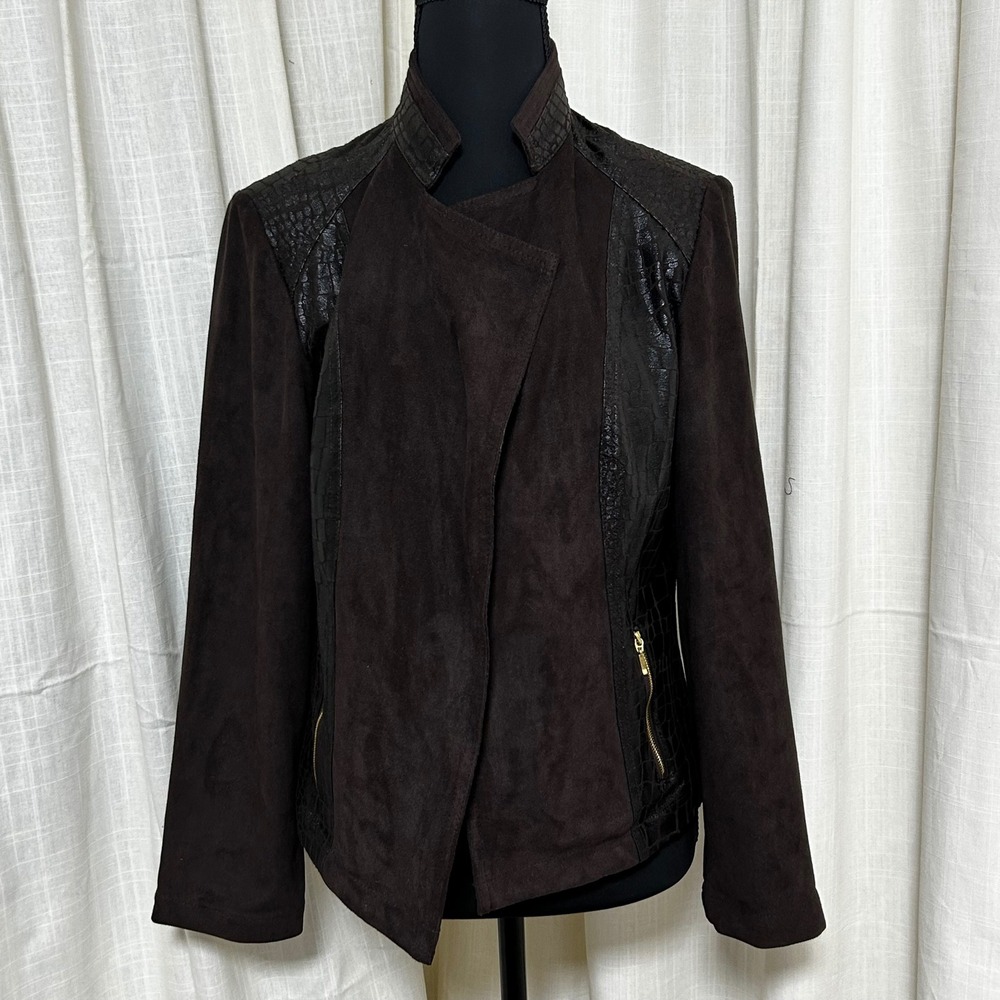 Chico's Brown Faux Leather Croc Embossed Moto Jacket 0 S Mixed Media Zip Front